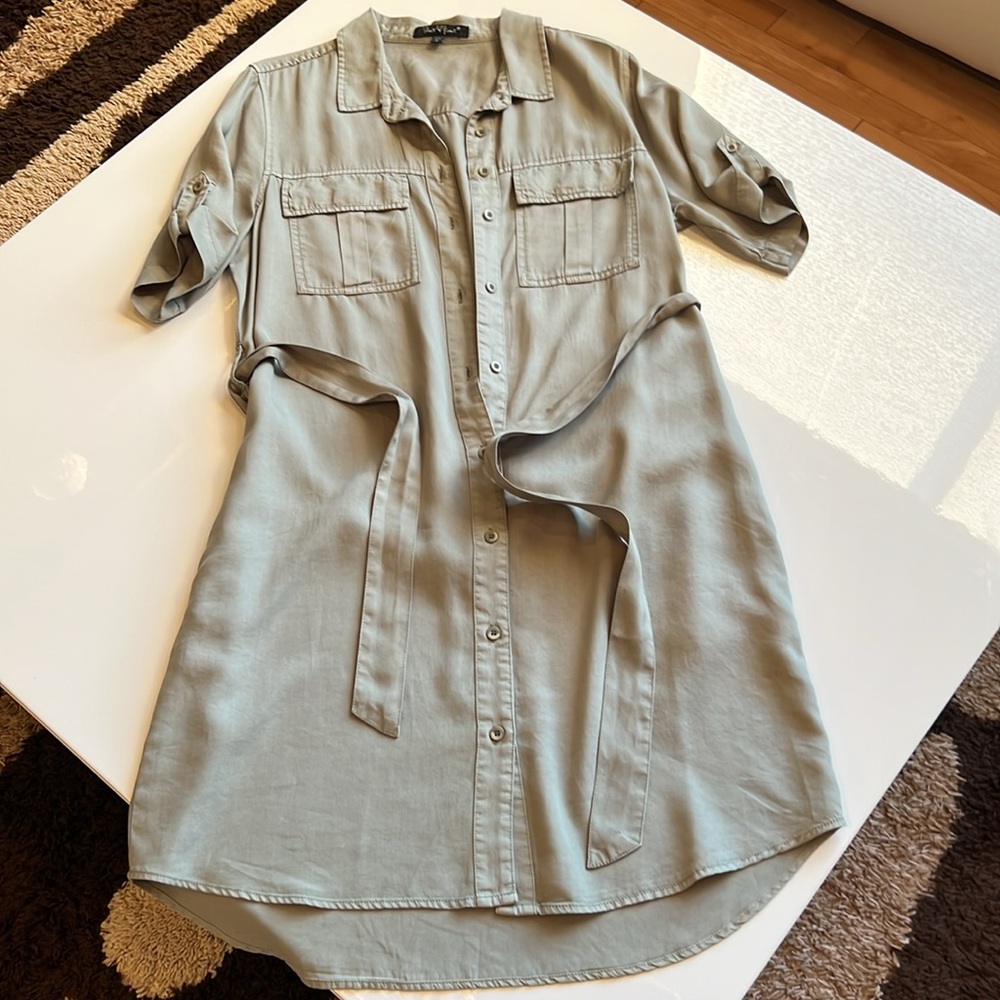 Velvet Heart Sage green tencel Shirt Dress, tie belt, front&side pockets